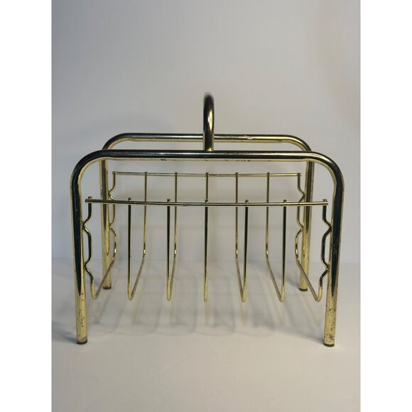 VTG Mid Century Modern Magazine Newspaper Rack Brass Gold Metal Wire Design